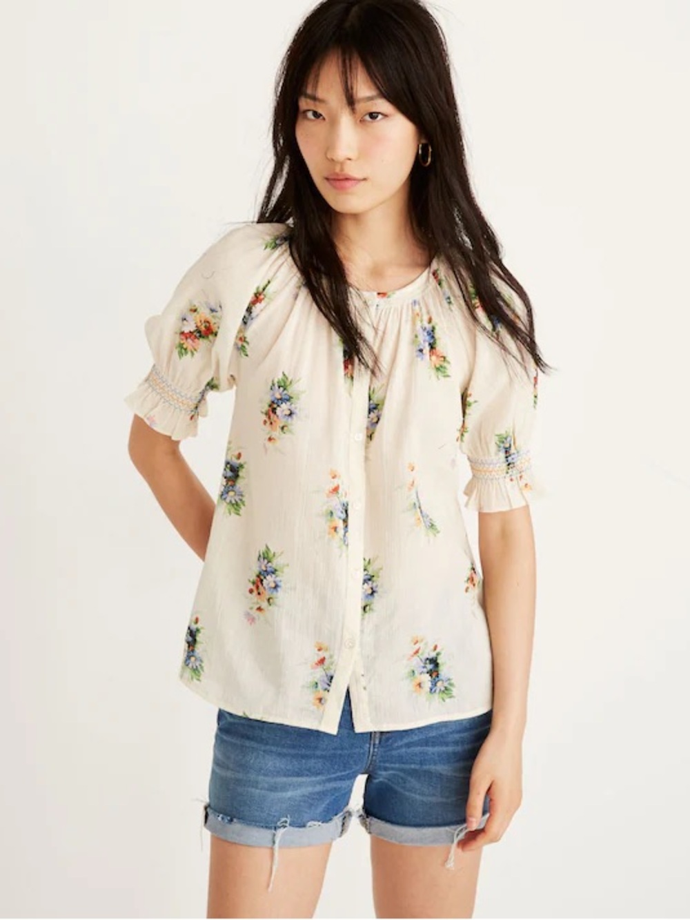 Madewell Smocked Button Down Top in Classic Corsage